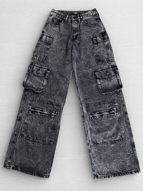 Rise Supply Co Black Acid Wash Multi Pocket Cargo Jeans Size 1 Wide Leg EUC